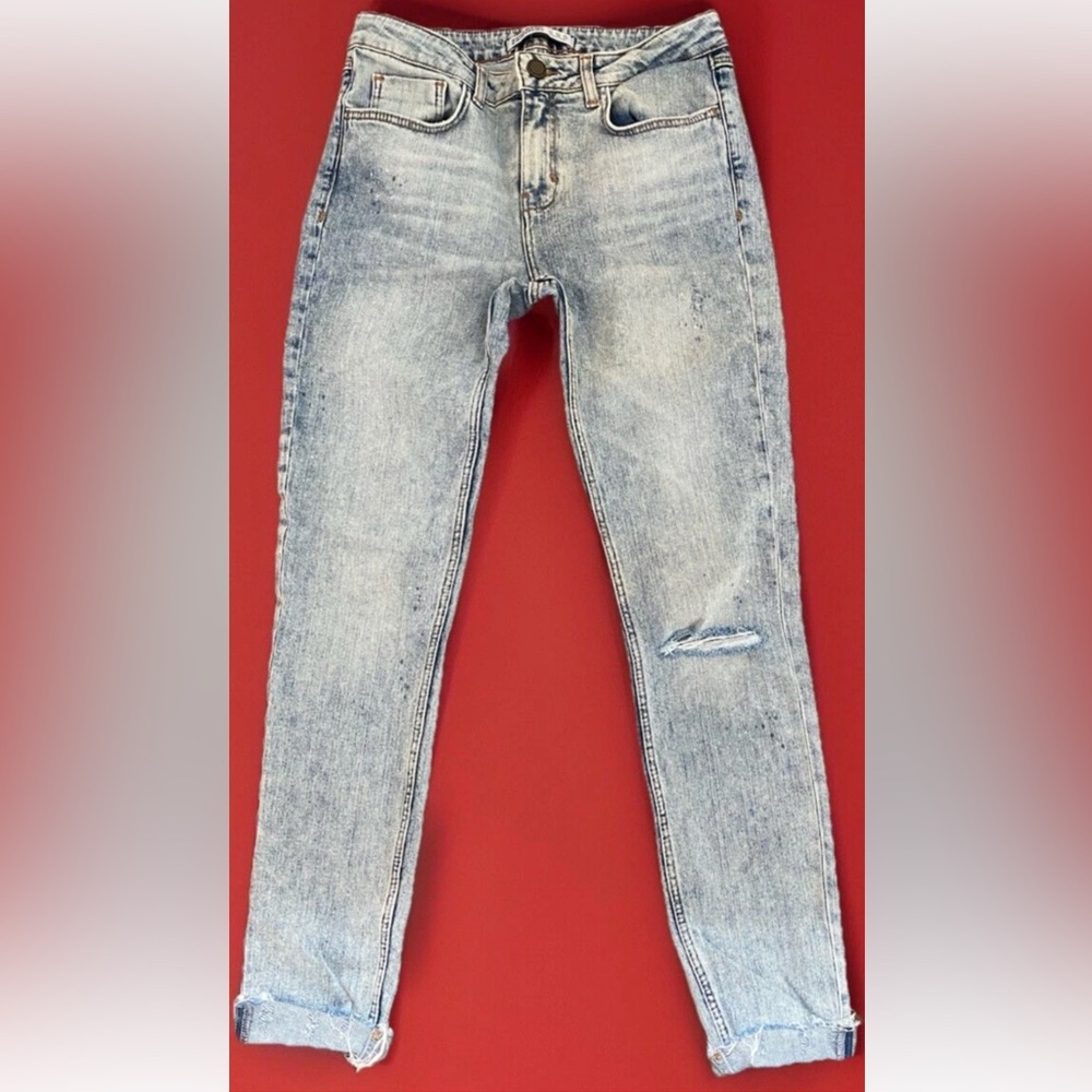 Zara Basic Jeans Women's Sz 4 Denim Z1975 Ankle Cuffed Mid Rise Straight Leg - Picture 2 of 16